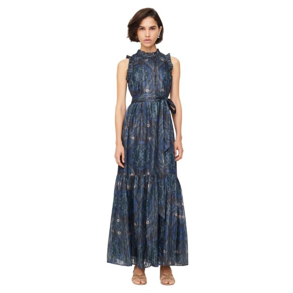 Marie Oliver Alice Maxi Dress Womens XS Navy Blue Midnight Sleeveless Silk Belt